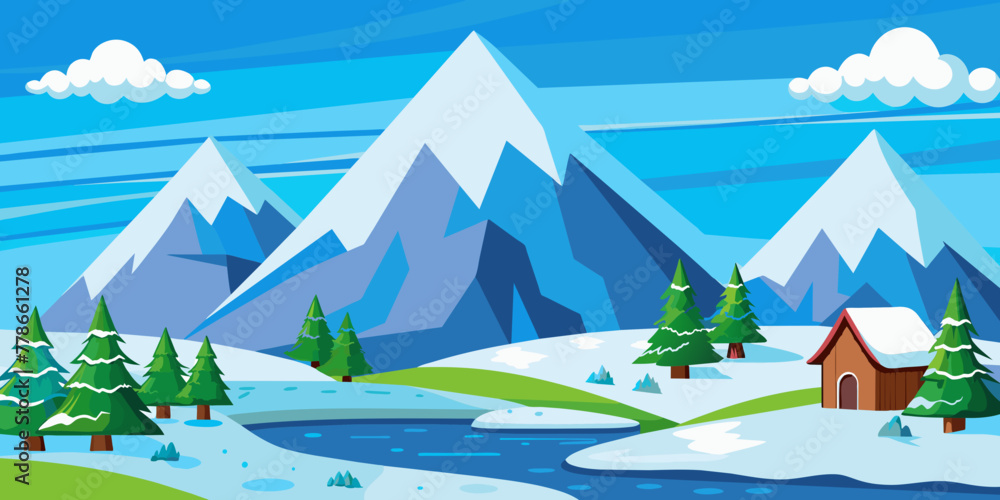 vector illustration capturing the tranquility of a serene mountain landscape snow in winter
