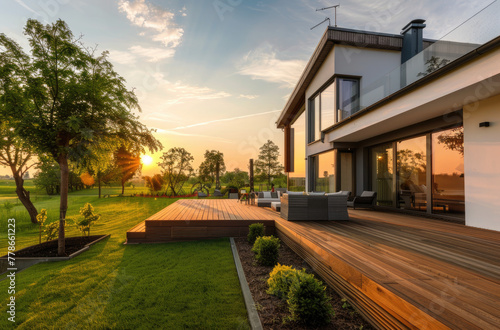Beautiful house with a wooden terrace and garden, exterior view of a modern country home in Poland at sunset with furniture on the deck, panoramic windows and sliding doors © Kien