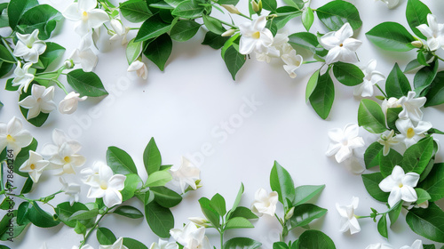 A delicate frame created with white jasmine flowers and green leaves set against a solid white canvas