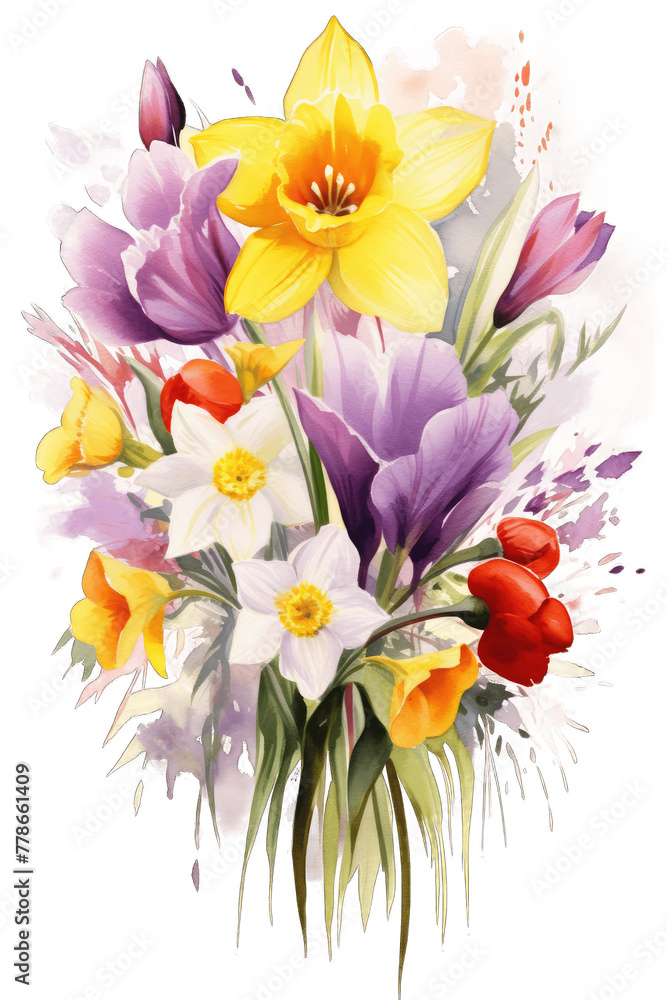 Naklejka premium Floral Bouquet of Spring Flowers: Crocuses, Tulips and Daffodils in Purple, Red and Yellow on a Transparent Background