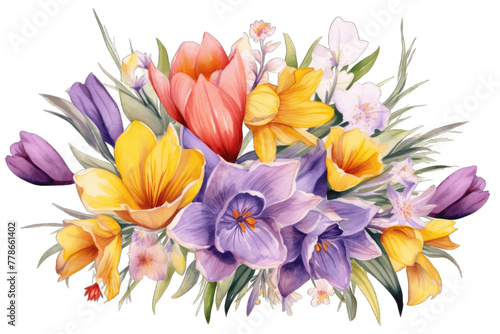 Floral Bouquet of Spring Flowers: Crocuses, Tulips and Daffodils in Purple, Red and Yellow on a Transparent Background © Donald