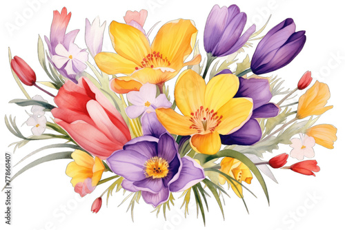 Floral Bouquet of Spring Flowers  Crocuses  Tulips and Daffodils in Purple  Red and Yellow on a Transparent Background