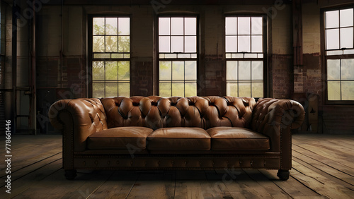 Generative KI Winchester Couch in alter Fabrikhalle photo