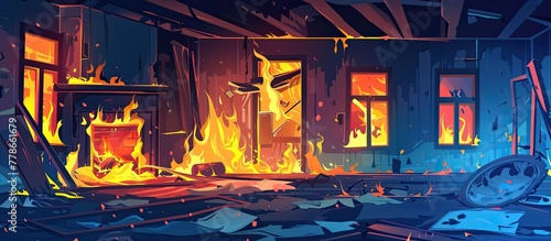 Flames engulf a pile of books in a room illuminated by the ticking of a clock photo