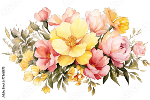 Floral Bouquet of Spring Flowers: Peonies and Primroses in Pink and Yellow on a Transparent Background