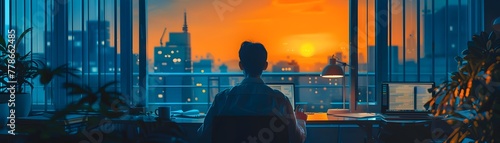 Silhouetted figure working late into the night on a major pitch deck presentation against a vibrant urban skyline photo