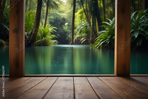 empty wooden at idyllic rainforest lake with product presentation space  beauty in nature concept with product display for travel  vacation Generative AI