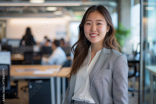 Portrait of an Asian young businesswoman in a blazer stands confidently in a modern office with natural beauty and a soft smile.