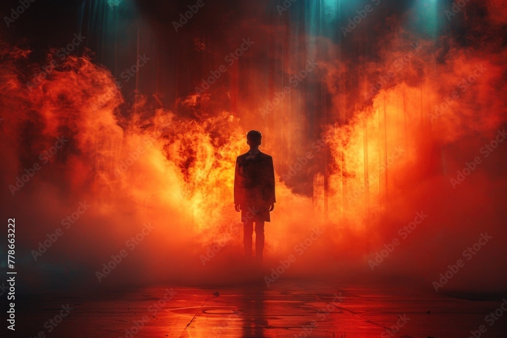 Man standing alone in a room filled with thick red smoke, waiting in suspenseful atmosphere. Man standing alone in a room filled with thick red smoke, waiting in suspenseful atmosphere.