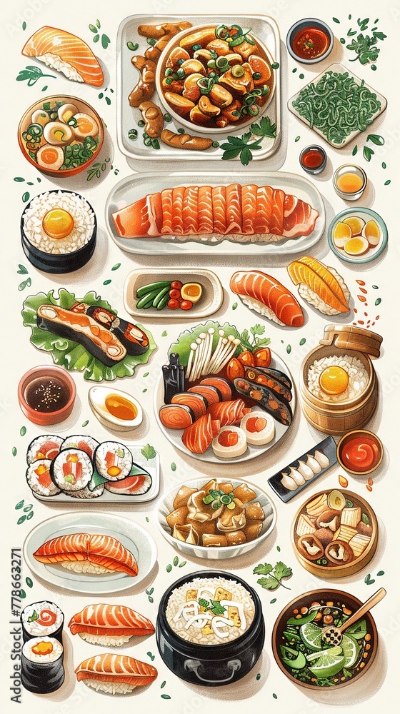 An array of food packaging with illustrations representing global cuisines An array of food packaging with illustrations representing global cuisines