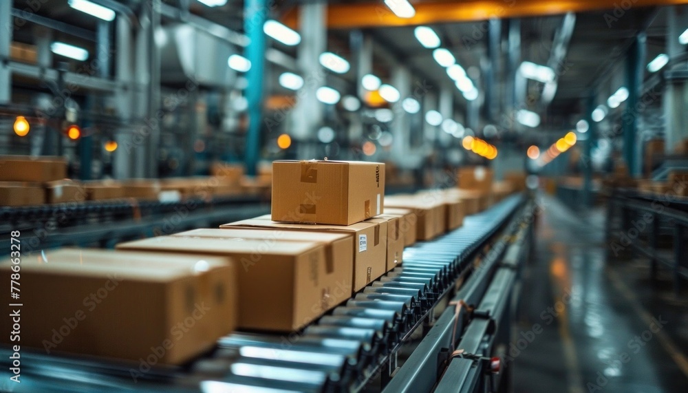 Cardboard boxes on conveyor belt, logistic delivery service concept. 3D rendering Cardboard boxes on conveyor belt, logistic delivery service concept. 3D rendering