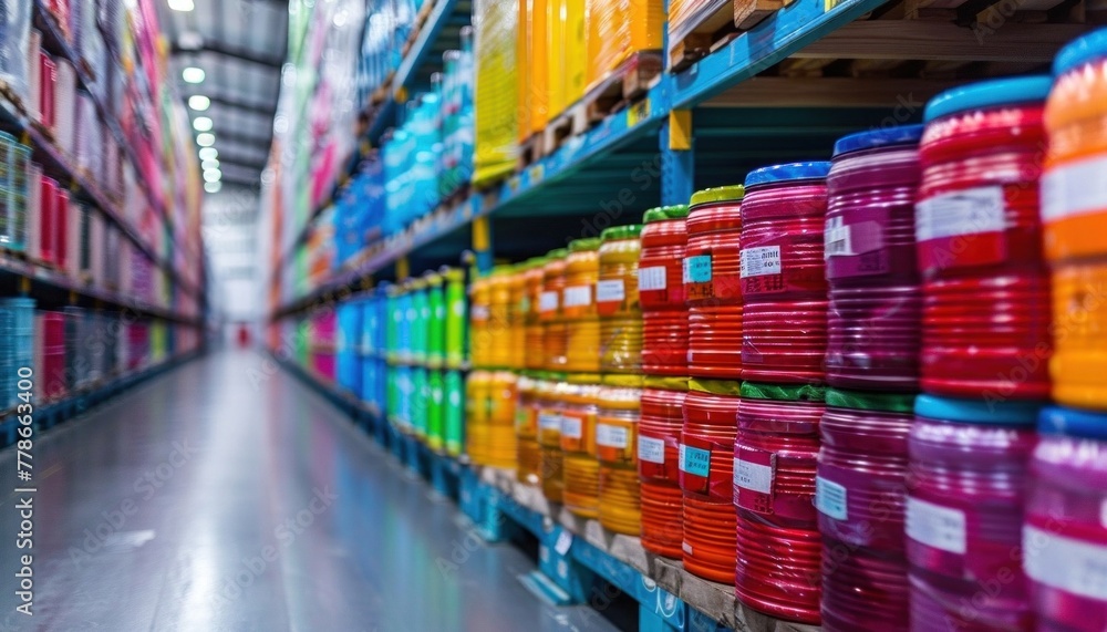 Colorful plastic buckets organized on metal shelves in warehouse for storage or shipping