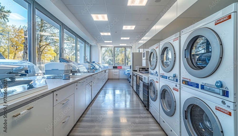 Industrial laundry room interior with rows of washing machines and dryers Industrial laundry room interior with rows of washing machines and dryers
