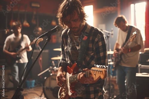 Focused Male Musician Playing Electric Guitar In Rehearsal Studio With Bandmates In The Background