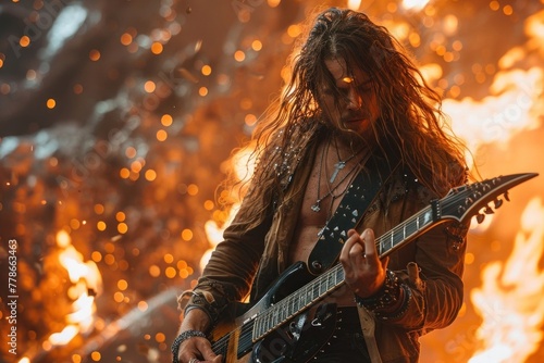 Rockstar in leather jacket playing heavy metal guitar with fire background photo