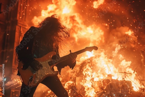 Energetic Rockstar Performing on Stage with Fiery Guitar Solos and Captivating Audience