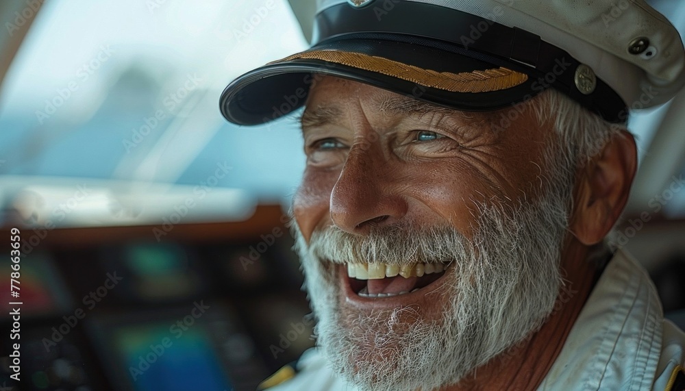 Happy elderly man with white beard and captain hat enjoying a sunny day on a boat Happy elderly man with white beard and captain hat enjoying a sunny day on a boat