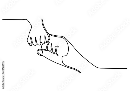
continuous line illustration of mother and child hands. One line drawing of adult and young hands holding hands with love vector.