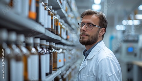 Scientist in Laboratory Examining Various Chemicals and Reagents on Shelves