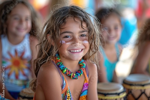 Happy little girl with colorful face paint enjoying outdoor summer activities at a campsite.