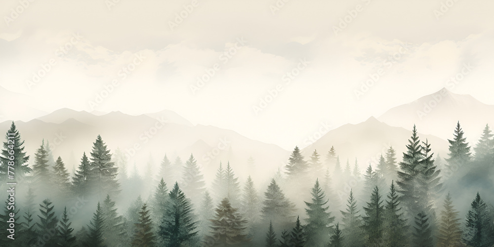 A Dreamy Journey through the green foggy forest and foggy mountains in the background, nature landscape