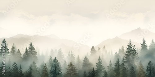 A Dreamy Journey through the green foggy forest and foggy mountains in the background, nature landscape © Laiba