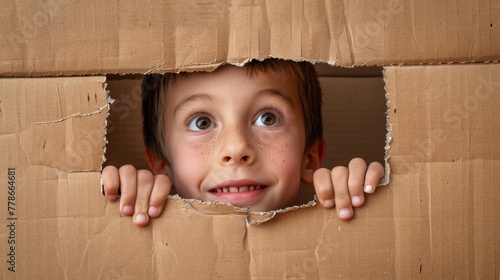 A young boy is peeking out of a cardboard box (funny looking people)