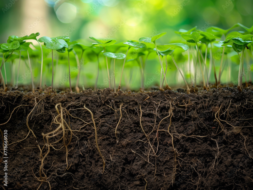 Fototapeta premium row of young green shoots with large roots, seedlings, new life and development in agriculture