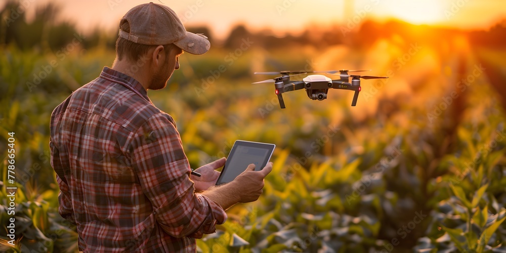 Fototapeta premium Farmer Utilizing Drone Technology to Survey Crop Fields at Sunset in Countryside
