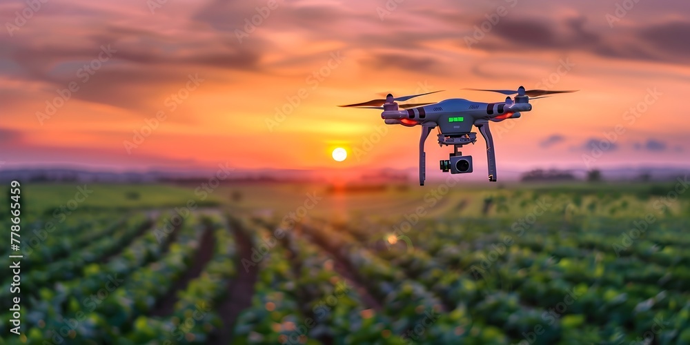 Drone Capturing Aerial Data for Predictive Crop Yield Analytics at Sunrise Over Farmland Landscape