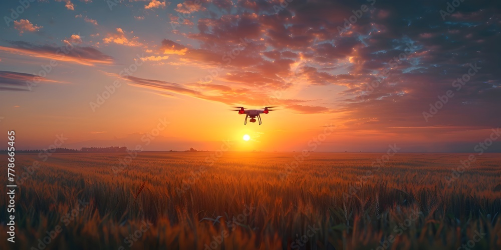 Drone Collecting Data for Predictive Analytics on Crop Yields at Scenic Sunrise Over Farmland
