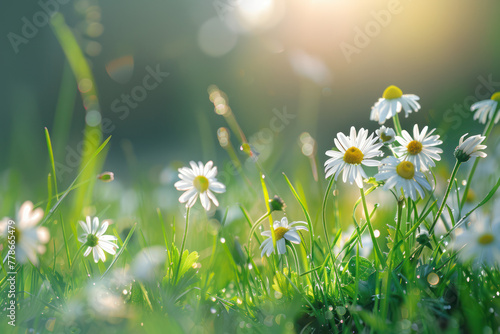 Beautiful spring meadow with daisies and wild flowers in the grass