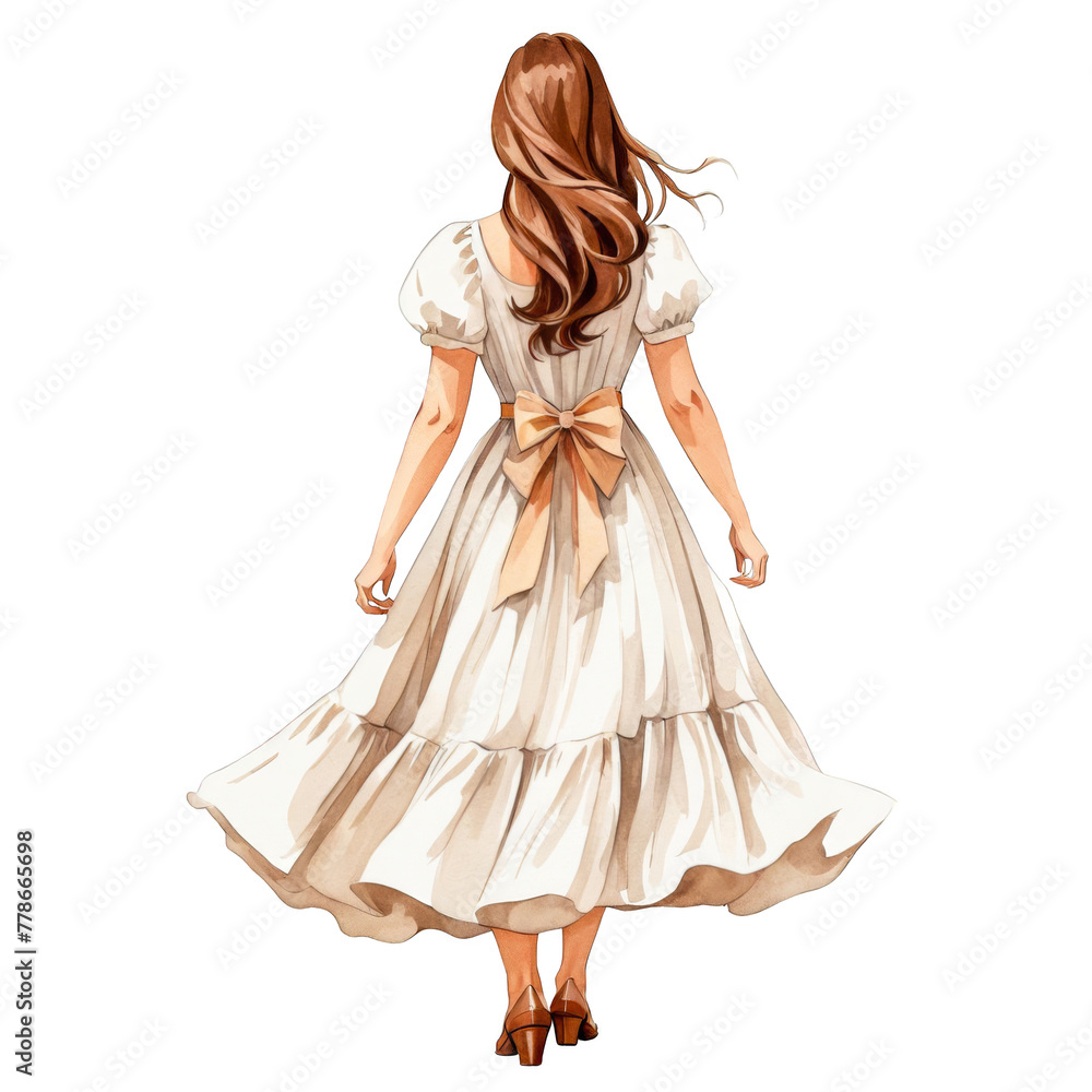 Back view of woman, in Cottage core farmhouse style flowy dress, beige colored, open long hairs, bow, aesthetic, beautiful