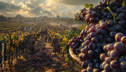 Vineyard Harvest, Grapes being harvested in a picturesque vineyard setting, celebrating the bounty of the harvest season