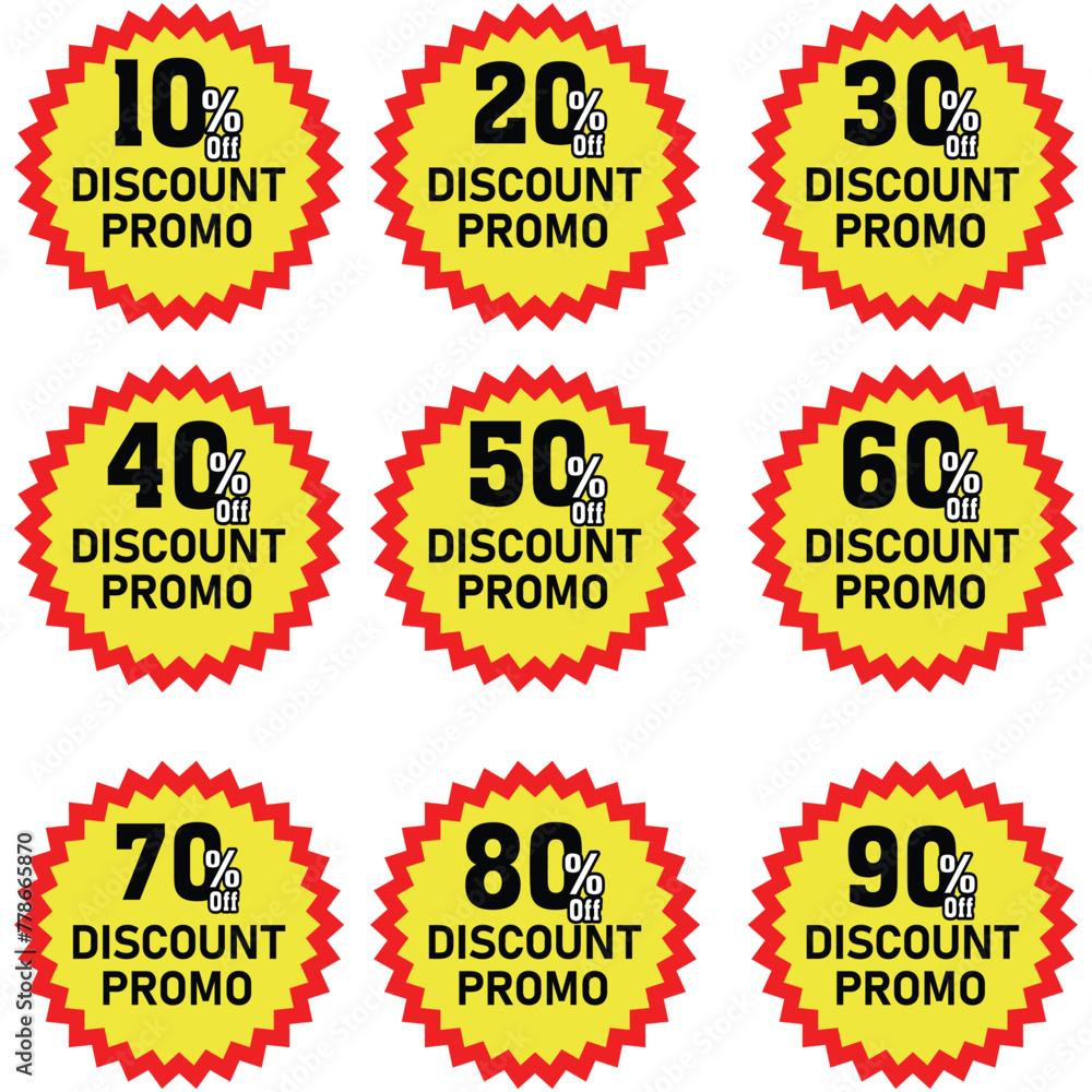 Discount sale off tag, 10, 20, 30, 40, 50, 60, 70, 80, 90, percent.Set sale offer emblem, badge price discount number. Flat offer stamp,  and,  Shopping stickers and badges vector mockup.