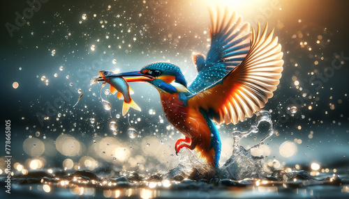 A stunning scene of a kingfisher in mid-flight, capturing its prey. The bird, with its distinctive bright blue and orange plumage © Tanicsean