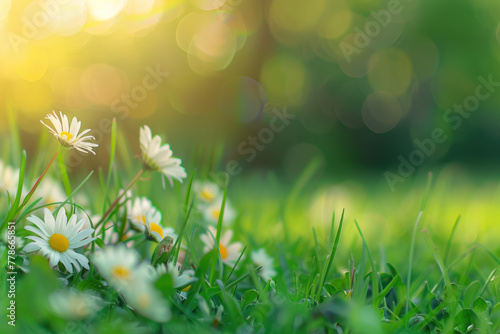 Beautiful spring meadow with daisies and wild flowers in the grass