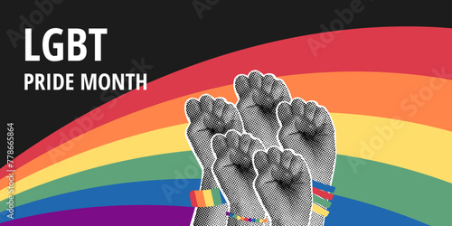 Trendy halftone collage on dark background. LGBT rights campaign Colorful Rainbow. Gender, diversity, unity concept. Vector flat illustration for poster, postcard, banner, sticker
