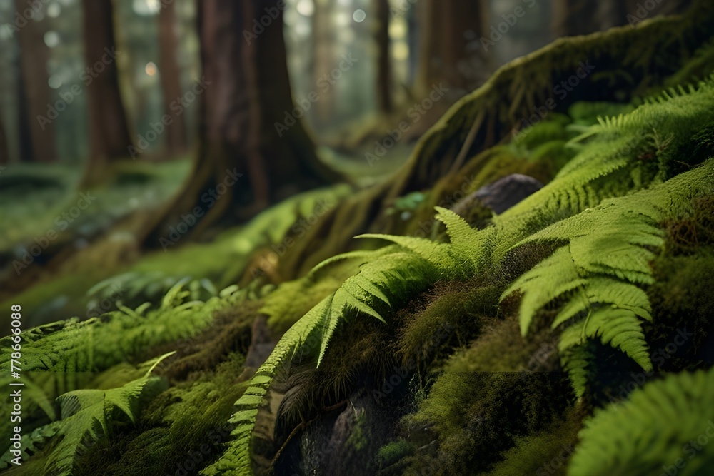 Enchanting mossy wonderland. Close up view of nature lush greenery. Captivating image showcases moss ferns and lichen creating vibrant tapestry on trees and . Generative AI