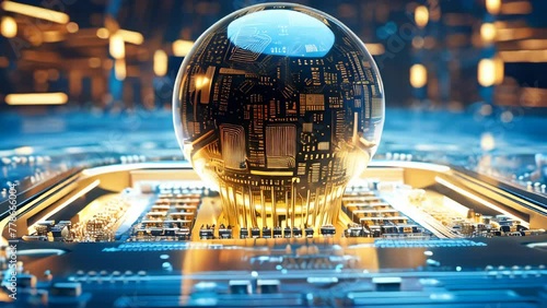 A computer circuit board with a glowing globe on it. Artificial intelligence concept animation. photo