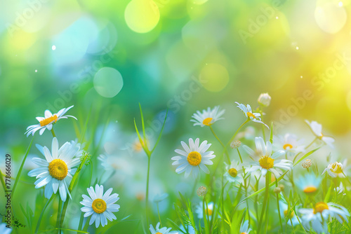 Beautiful spring meadow with daisies and wild flowers in the grass