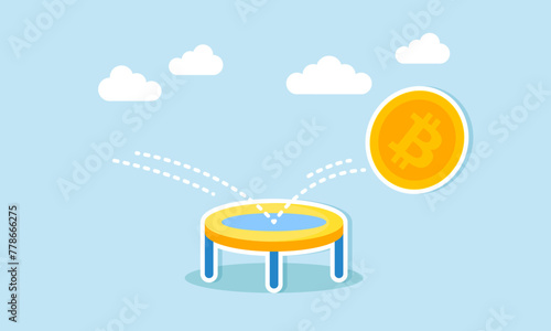 Bitcoin price bounces back, cryptocurrency rebounds after downturn, concept of Golden Bitcoin rebounds, bouncing on trampoline, rising on price graph