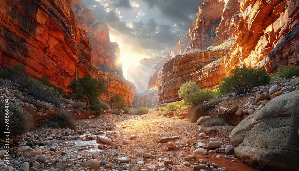 Canyon Adventure, Hiking trails winding through majestic canyon walls, capturing the spirit of exploration and adventure - obrazy, fototapety, plakaty 