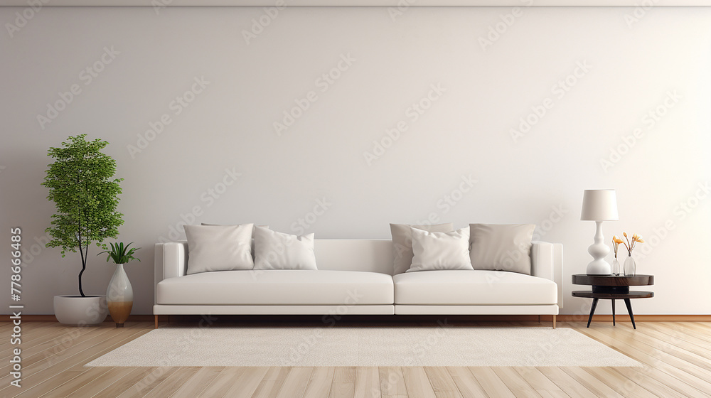 view of white living room in minimal style with sofa and wooden floor view of white living room in minimal style with sofa and wooden floor