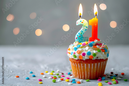 Birthday cupcake with number twenty-one candle