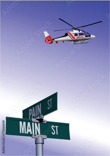 Pure guide sign of crossing of streets and helicopter image. 3d color hand drawn vector illustration