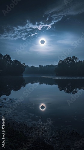 Solar eclipse casting over American heartland, soft light, panoramic, serene