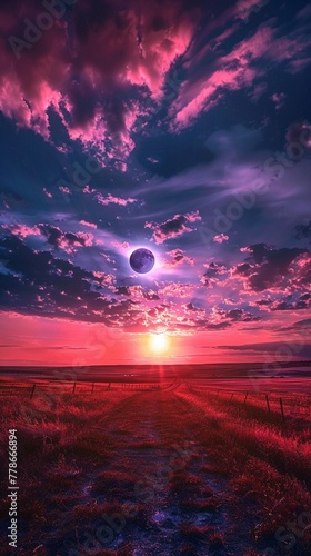Solar eclipse over America, vibrant colors, wide angle, epic landscape