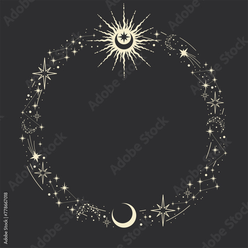 Magic celestial round frame with sun, stars, moon, crescents and copy space. Mystic frame for tarot, esoteric, astrology design. Template for poster and prints.