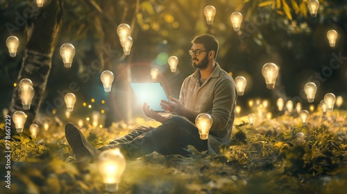 Man with spectacles eyeglasses sit on ground at forest holding growing tablet surrounded by light bulbs save energy earth environments